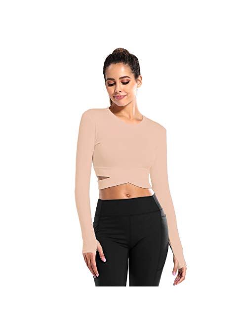 DREAM SLIM Women Crop Tops Tummy Cross Short Sleeve Yoga Running Shirts Gym Workout Tank Tops