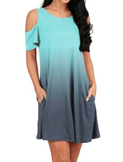 OFEEFAN Women's Cold Shoulder Tunic Top T-Shirt Swing Dress with Pockets