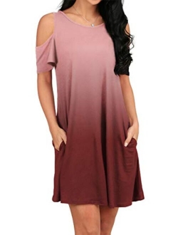 OFEEFAN Women's Cold Shoulder Tunic Top T-Shirt Swing Dress with Pockets