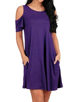 OFEEFAN Women's Cold Shoulder Tunic Top T-Shirt Swing Dress with Pockets