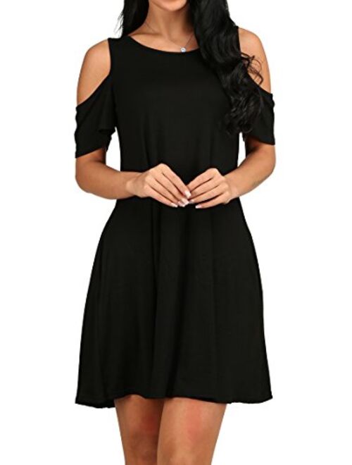 OFEEFAN Women's Cold Shoulder Tunic Top T-Shirt Swing Dress with Pockets