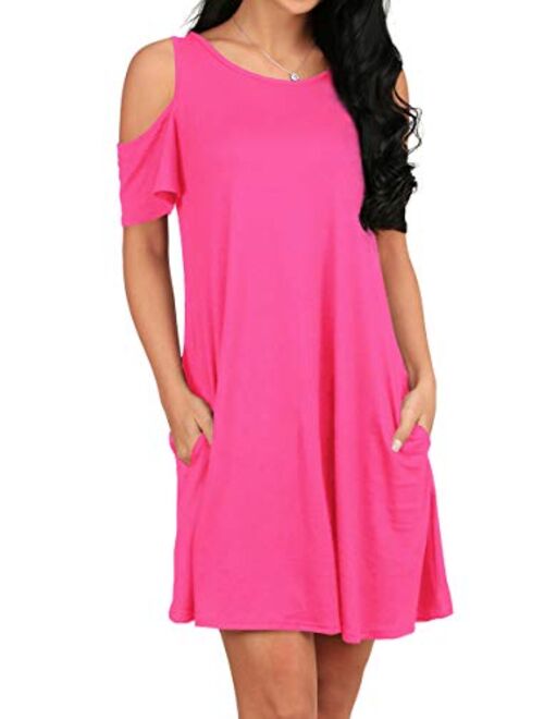 OFEEFAN Women's Cold Shoulder Tunic Top T-Shirt Swing Dress with Pockets