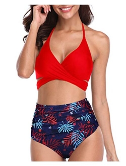 Aqua Eve Women Halter Bikini High Waisted Swimsuits Cross Wrap Two Piece Strappy Bathing Suits