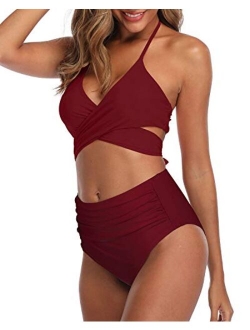 Aqua Eve Women Halter Bikini High Waisted Swimsuits Cross Wrap Two Piece Strappy Bathing Suits