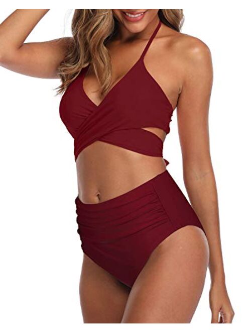 Aqua Eve Women Halter Bikini High Waisted Swimsuits Cross Wrap Two Piece Strappy Bathing Suits