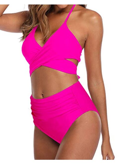 Aqua Eve Women Halter Bikini High Waisted Swimsuits Cross Wrap Two Piece Strappy Bathing Suits