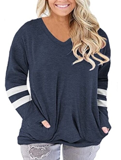 ROSRISS Womens Plus Size Long Sleeve Tee Tops Casual Tunics Shirts with Pockets