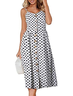 SWQZVT Women's Dress Summer Spaghetti Strap Sundress Casual Floral Midi Backless Button Up Swing Dresses with Pockets S-3XL