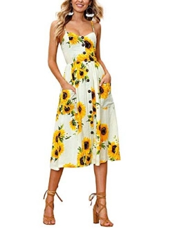 SWQZVT Women's Dress Summer Spaghetti Strap Sundress Casual Floral Midi Backless Button Up Swing Dresses with Pockets S-3XL