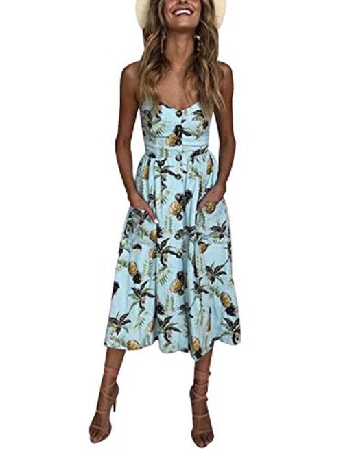 SWQZVT Women's Dress Summer Spaghetti Strap Sundress Casual Floral Midi Backless Button Up Swing Dresses with Pockets S-3XL