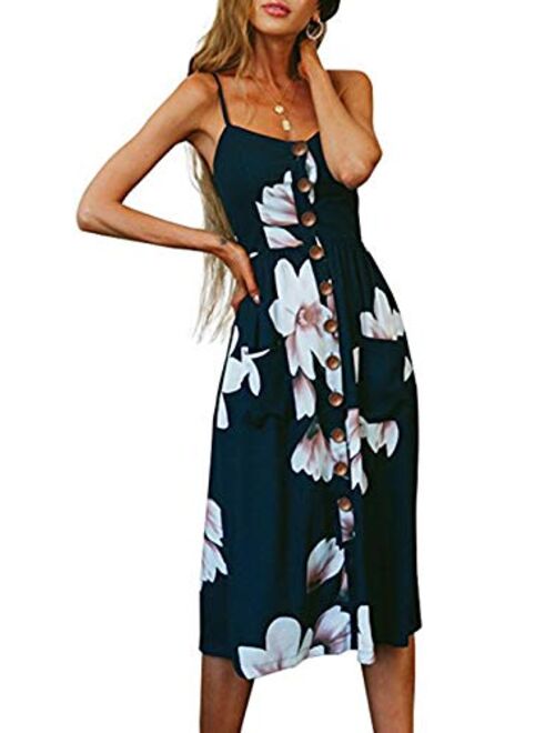 SWQZVT Women's Dress Summer Spaghetti Strap Sundress Casual Floral Midi Backless Button Up Swing Dresses with Pockets S-3XL