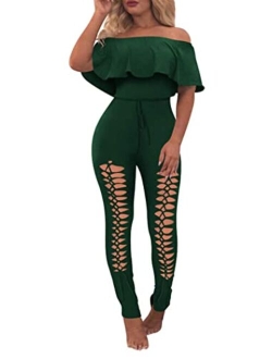 Off Shoulder Sleeve Hollow Out Sexy Women Bodycon Long Jumpsuit Rompers