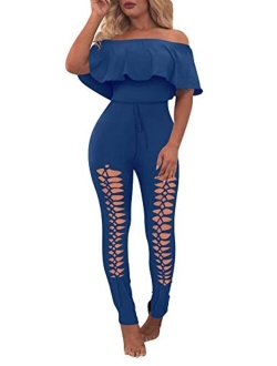 Off Shoulder Sleeve Hollow Out Sexy Women Bodycon Long Jumpsuit Rompers