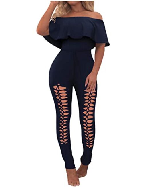 PRETTYGARDEN Off Shoulder Sleeve Hollow Out Sexy Women Bodycon Long Jumpsuit Rompers