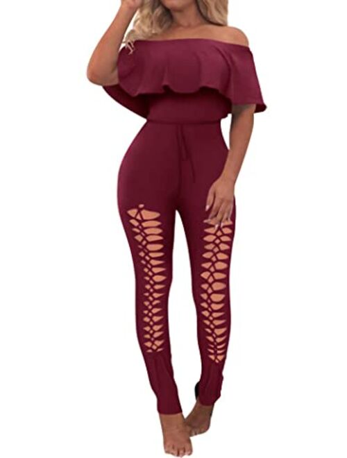 PRETTYGARDEN Off Shoulder Sleeve Hollow Out Sexy Women Bodycon Long Jumpsuit Rompers