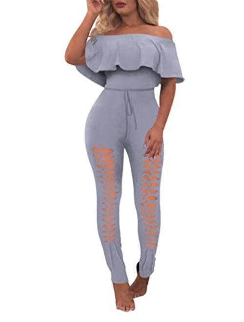 PRETTYGARDEN Off Shoulder Sleeve Hollow Out Sexy Women Bodycon Long Jumpsuit Rompers