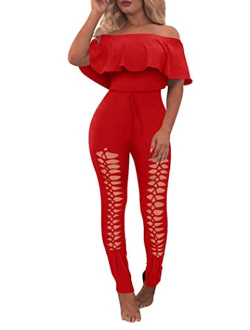 PRETTYGARDEN Off Shoulder Sleeve Hollow Out Sexy Women Bodycon Long Jumpsuit Rompers