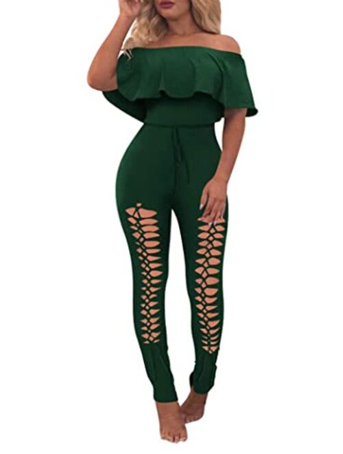 PRETTYGARDEN Off Shoulder Sleeve Hollow Out Sexy Women Bodycon Long Jumpsuit Rompers