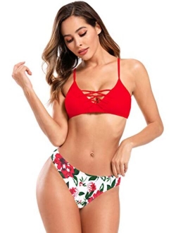 Women's Floral Print Swim Bottom Cutout Spaghetti Strap Halter Top Two Piece Strappy Bikini Swimsuit