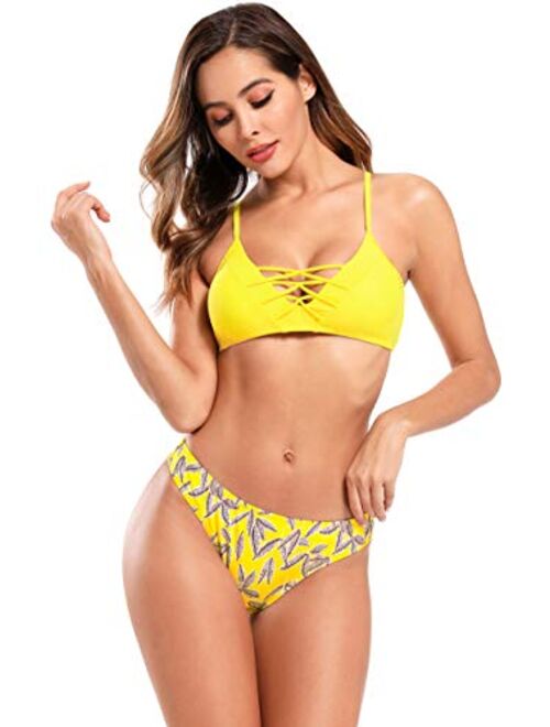 SHEKINI Women's Floral Print Swim Bottom Cutout Spaghetti Strap Halter Top Two Piece Strappy Bikini Swimsuit