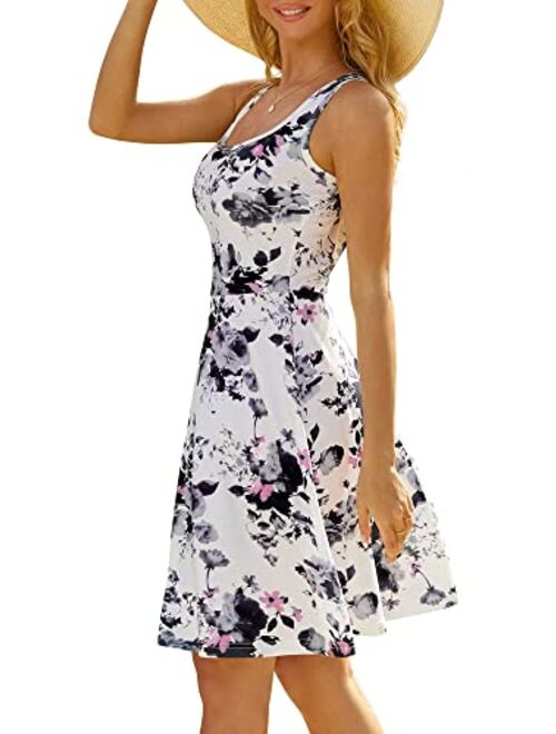 FENSACE Women's Scoop Neck Sleeveless Midi Casual Flared Tank Floral Printed Dress