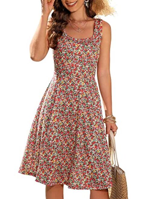 FENSACE Women's Scoop Neck Sleeveless Midi Casual Flared Tank Floral Printed Dress