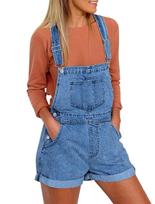 luvamia Women's Casual Adjustable Strap Cuffed Hem Denim Bib Overalls Shorts Romper