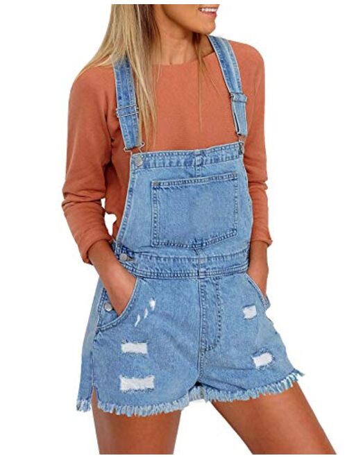 luvamia Women's Casual Adjustable Strap Cuffed Hem Denim Bib Overalls Shorts Romper