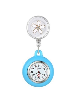 AVANER Retractable Nurse Watches Clip-on Hanging Fob Watches Cute Flower Pattern Lapel Watches for Nurses Doctors with Silicone Cover