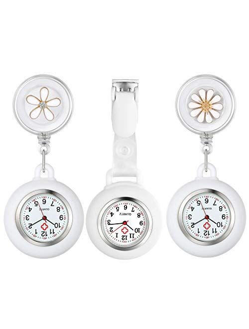 AVANER Retractable Nurse Watches Clip-on Hanging Fob Watches Cute Flower Pattern Lapel Watches for Nurses Doctors with Silicone Cover