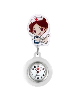 AVANER Retractable Nurse Watches Clip-on Hanging Fob Watches Cute Cartoon Pattern Lapel Watches for Nurses Doctors with Silicone Cover