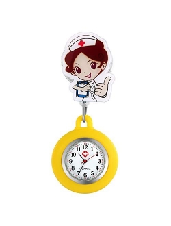 AVANER Retractable Nurse Watches Clip-on Hanging Fob Watches Cute Cartoon Pattern Lapel Watches for Nurses Doctors with Silicone Cover