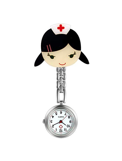 Avaner Unisex Stainless Steel Silicone Sparkly Rhinestone Bezel Analog Quartz Nurse Lapel Pin Fob Watch