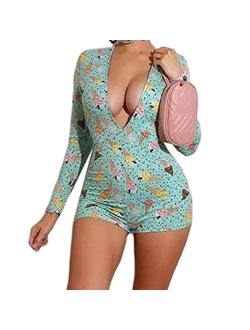 MysterLuna Women's Sexy Short Jumpsuit Long Sleeve Button Down V Neck One Piece Bodysuit Club Tank Romper Overall Pajama