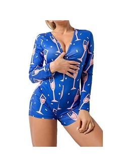 MysterLuna Women's Sexy Short Jumpsuit Long Sleeve Button Down V Neck One Piece Bodysuit Club Tank Romper Overall Pajama