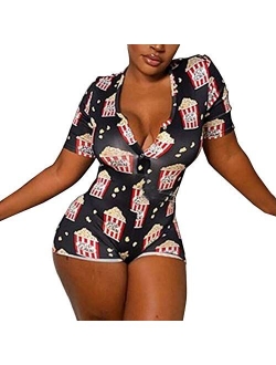 MysterLuna Women's Sexy Short Jumpsuit Long Sleeve Button Down V Neck One Piece Bodysuit Club Tank Romper Overall Pajama