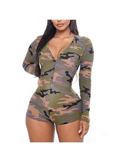 MysterLuna Women's Sexy Short Jumpsuit Long Sleeve Button Down V Neck One Piece Bodysuit Club Tank Romper Overall Pajama