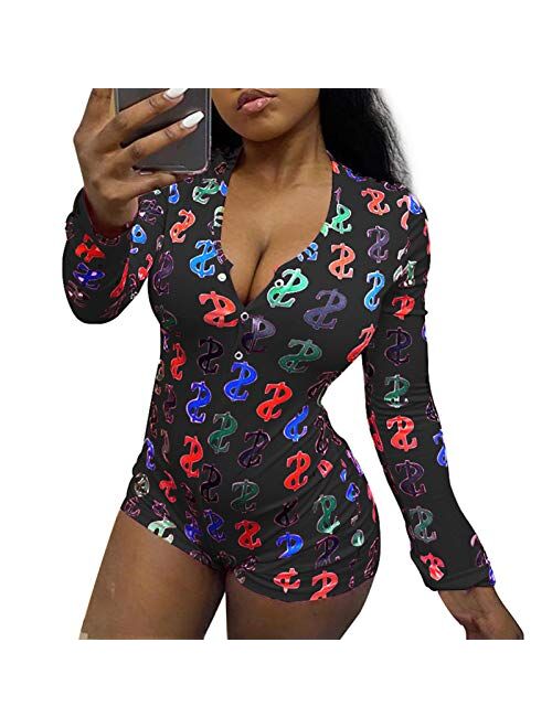 MysterLuna Women's Sexy Short Jumpsuit Long Sleeve Button Down V Neck One Piece Bodysuit Club Tank Romper Overall Pajama