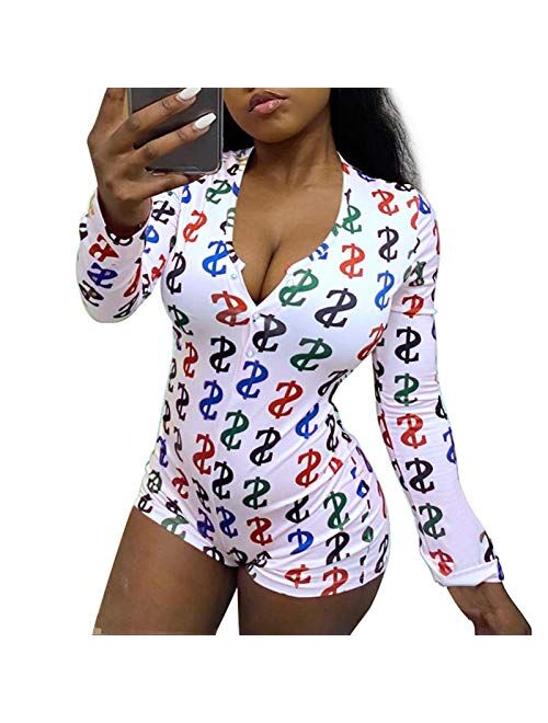 MysterLuna Women's Sexy Short Jumpsuit Long Sleeve Button Down V Neck One Piece Bodysuit Club Tank Romper Overall Pajama