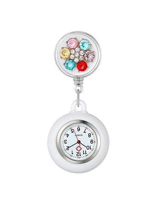 Women's Lapel Watch for Nurses Doctors Paramedic Clip-on Hanging Nurse Watches Fashion Pearls White Silicone Cover Badge Stethoscope Retractable Fob Watch