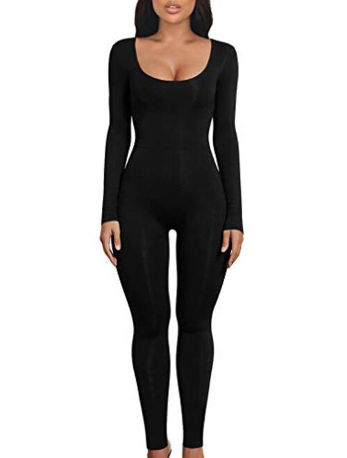 LAGSHIAN Women's Sexy Bodycon Long Sleeve Scoop Neck One Piece Jumpsuit Romper