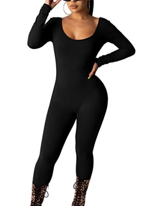 LAGSHIAN Women's Sexy Bodycon Long Sleeve Scoop Neck One Piece Jumpsuit Romper