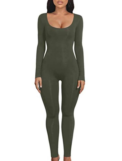 LAGSHIAN Women's Sexy Bodycon Long Sleeve Scoop Neck One Piece Jumpsuit Romper