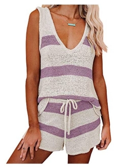 Womens Summer 2 Piece Outfits Sexy Sheer Romper Stripe Jumpsuit Casual Strappy Tie Waisted Beach Shorts Uniform Sets