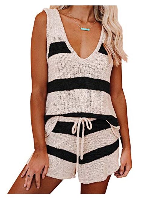 Womens Summer 2 Piece Outfits Sexy Sheer Romper Stripe Jumpsuit Casual Strappy Tie Waisted Beach Shorts Uniform Sets