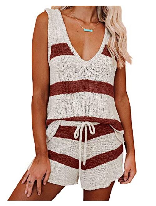 Womens Summer 2 Piece Outfits Sexy Sheer Romper Stripe Jumpsuit Casual Strappy Tie Waisted Beach Shorts Uniform Sets