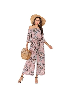 Women's Summer Floral Off Shoulder Ruffled Short Sleeve High Waist Wide Leg Pants Casual Loose Jumpsuit Romper