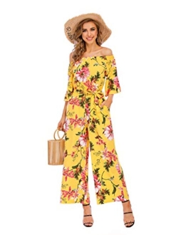 Women's Summer Floral Off Shoulder Ruffled Short Sleeve High Waist Wide Leg Pants Casual Loose Jumpsuit Romper