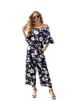 Women's Summer Floral Off Shoulder Ruffled Short Sleeve High Waist Wide Leg Pants Casual Loose Jumpsuit Romper