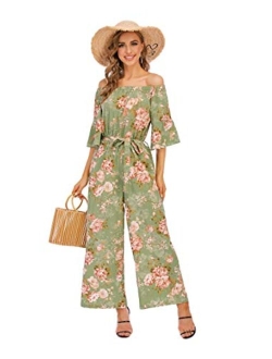 Women's Summer Floral Off Shoulder Ruffled Short Sleeve High Waist Wide Leg Pants Casual Loose Jumpsuit Romper